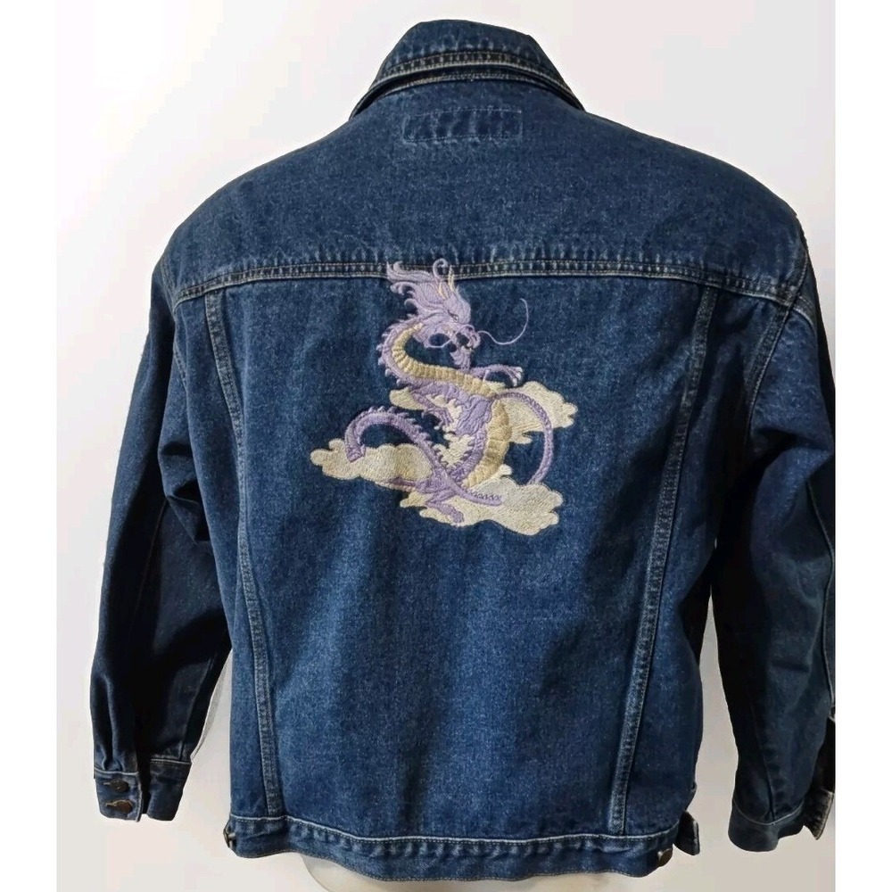Gloria Vanderbilt Dark Blue Jean Denim Jacket Womens Size XXL Embroidered Dragon